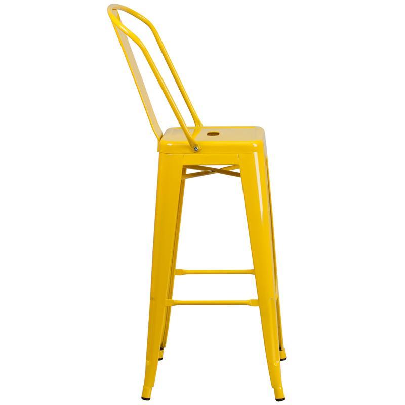 30'' High Yellow Metal Indoor-Outdoor Barstool with Back