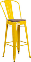 30" High Yellow Metal Barstool with Back and Wood Seat
