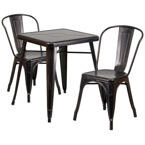 23.75'' Square Black-Antique Gold Metal Indoor-Outdoor Table Set with 2 Stack Chairs