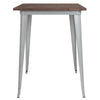 31.5" Square Silver Metal Indoor Bar Height Table with Walnut Rustic Wood Top