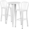 24'' Round White Metal Indoor-Outdoor Bar Table Set with 2 Vertical Slat Back Stools