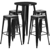 24'' Round Black Metal Indoor-Outdoor Bar Table Set with 4 Square Seat Backless Stools