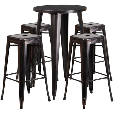 24'' Round Black-Antique Gold Metal Indoor-Outdoor Bar Table Set with 4 Square Seat Backless Stools