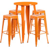 24'' Round Orange Metal Indoor-Outdoor Bar Table Set with 4 Square Seat Backless Stools