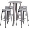24'' Round Silver Metal Indoor-Outdoor Bar Table Set with 4 Square Seat Backless Stools
