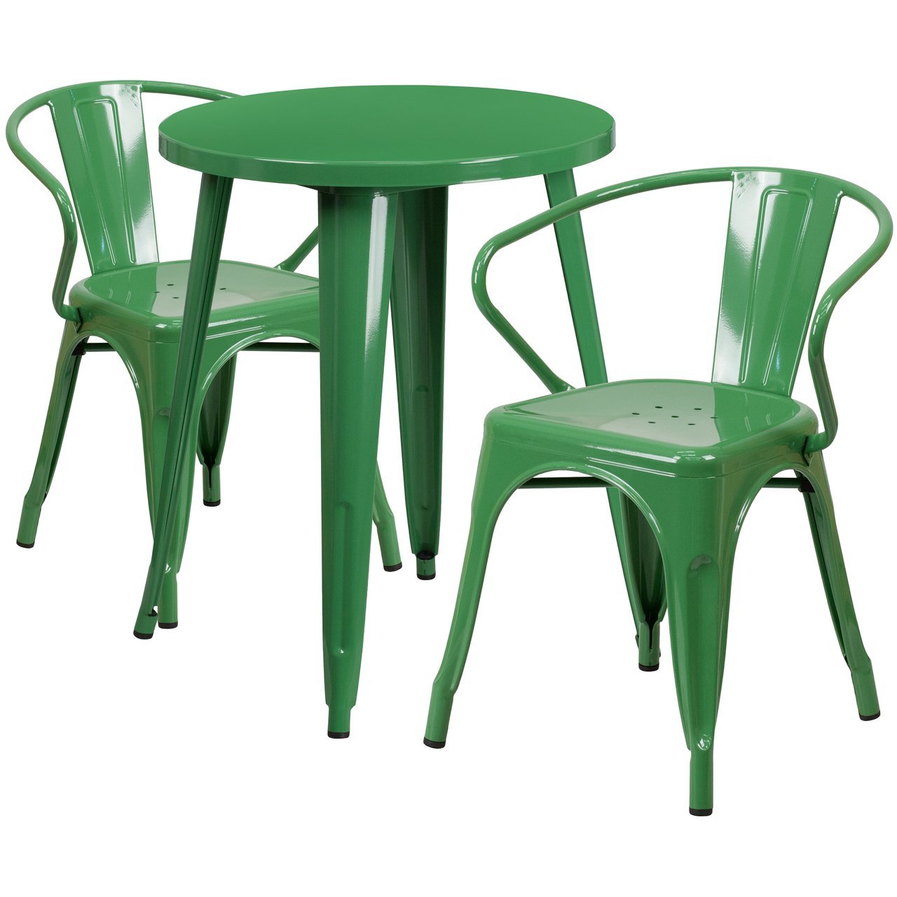 24'' Round Green Metal Indoor-Outdoor Table Set with Arm Chairs