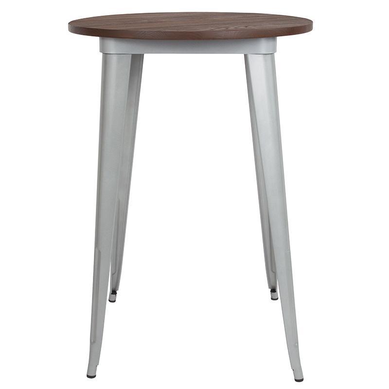 Round Silver Metal Indoor Bar Height Table with Walnut Rustic Wood Top