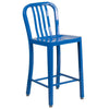 24'' High Blue Metal Indoor-Outdoor Counter Height Stool with Vertical Slat Back