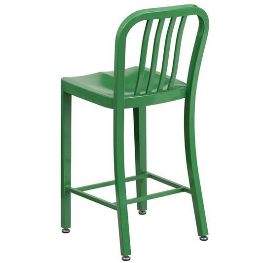 24'' High Green Metal Indoor-Outdoor Counter Height Stool with Vertical Slat Back