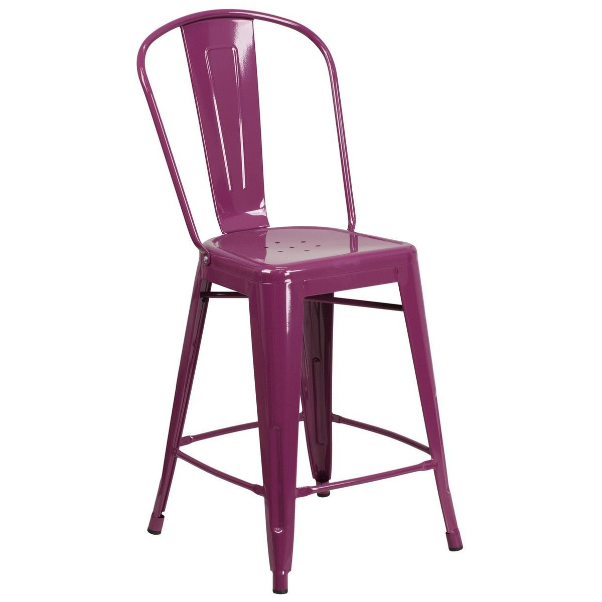 24'' High Purple Metal IndoorOutdoor Counter Height Stool with Back