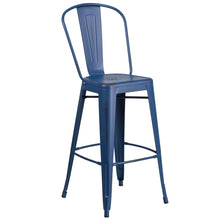 Load image into Gallery viewer, 30&#39;&#39; High Distressed Antique Blue Metal Indoor-Outdoor Barstool with Back