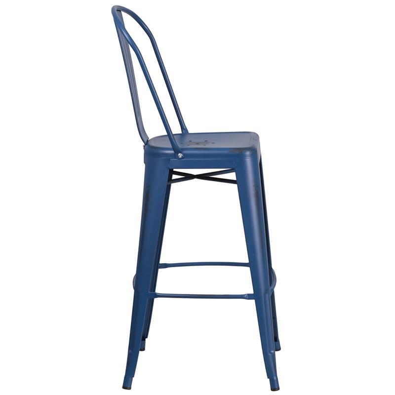Antique Blue Metal Indoor-Outdoor Barstool with Back