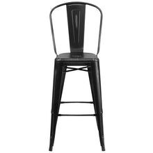 Load image into Gallery viewer, 30&#39;&#39; High Distressed Black Metal Indoor-Outdoor Barstool with Back