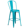 30'' High Crystal Teal-Blue Metal Indoor-Outdoor Barstool with Back