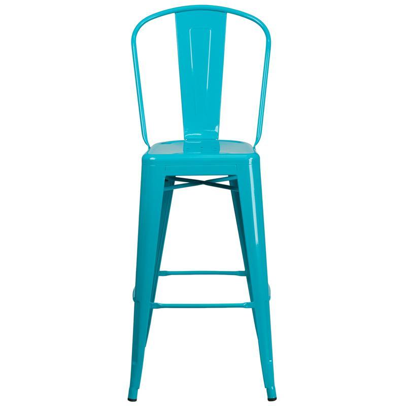 30'' High Crystal TealBlue Metal IndoorOutdoor Barstool with Back Wholesale Bar Stool Club