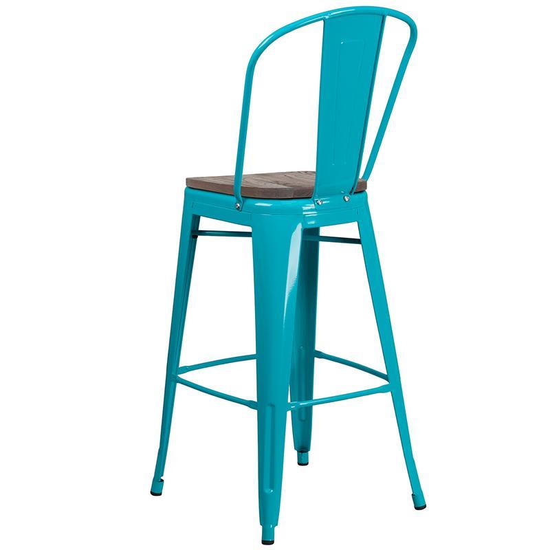 30" High Crystal TealBlue Metal Barstool with Back and Wood Seat