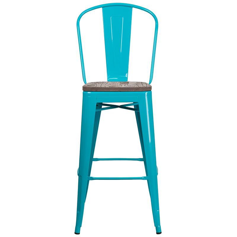30" High Crystal Teal-Blue Metal Barstool with Back and Wood Seat - Front