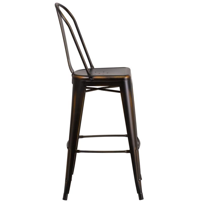 30'' High Distressed Copper Metal Indoor-Outdoor Barstool with Back Side look