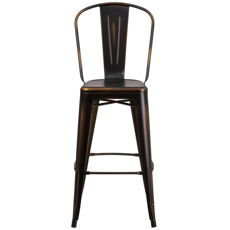 High Distressed Copper Metal Indoor-Outdoor Barstool with Back 1