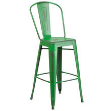 Load image into Gallery viewer, 30&#39;&#39; High Distressed Green Metal Indoor-Outdoor Barstool with Back