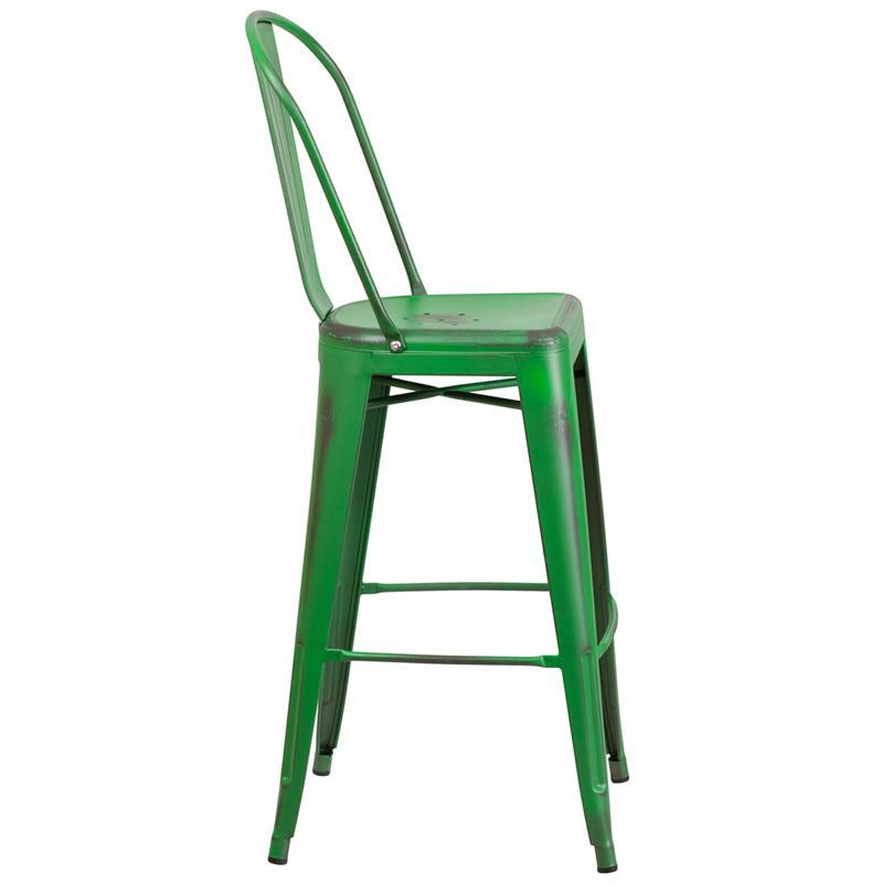 High Distressed Green Metal Barstool with Back