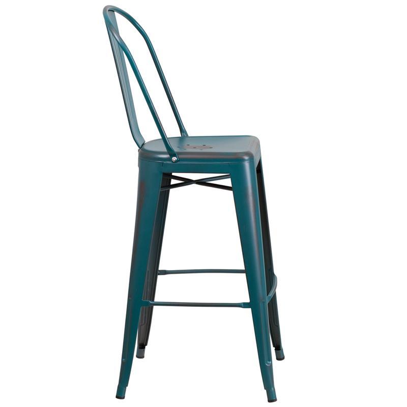 Distressed Kelly Blue-Teal Metal Barstool with Back