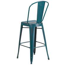 Load image into Gallery viewer, 30&#39;&#39; High Distressed Kelly Blue-Teal Metal Indoor-Outdoor Barstool with Back
