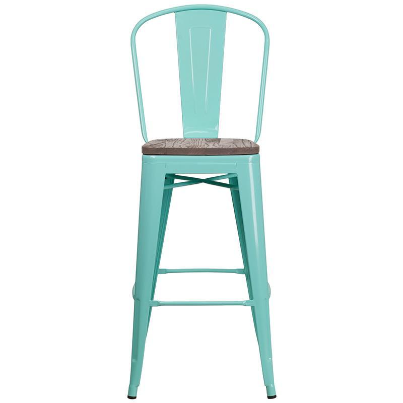 30" High Mint Green Metal Barstool with Back and Wood Seat