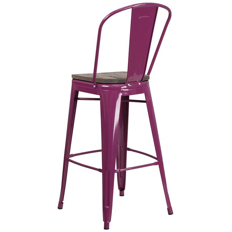 30" High Purple Metal Barstool with Back and Wood Seat Wholesale Bar