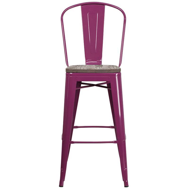 Purple Metal Bar Stool with Back and Wood Seat
