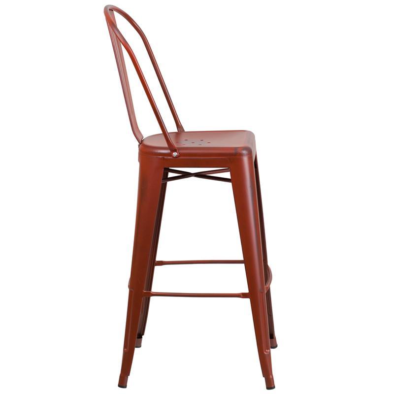 Red Metal Indoor-Outdoor Barstool with Back