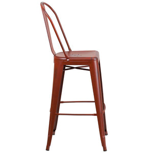 30'' High Distressed Kelly Red Metal Indoor-Outdoor Barstool with Back