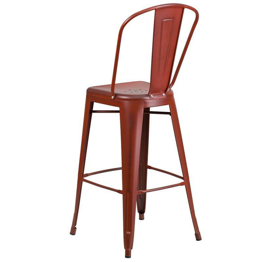 High Distressed Kelly Red Metal Indoor-Outdoor Barstool with Back 1