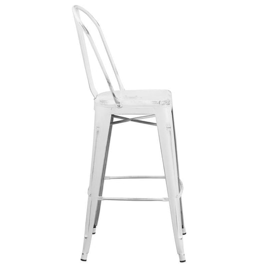 Distressed White Metal Indoor-Outdoor Barstool with Back