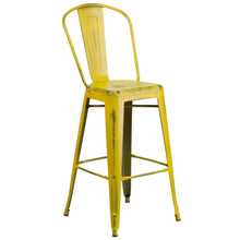Load image into Gallery viewer, 30&#39;&#39; High Distressed Yellow Metal Indoor-Outdoor Barstool with Back