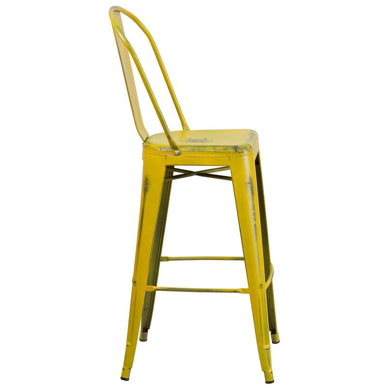 Distressed Yellow Metal barstool with Back