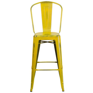 30'' High Distressed Yellow Metal Indoor-Outdoor Barstool with Back