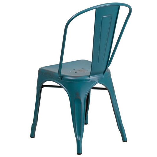 Distressed Kelly Blue-Teal Metal Stackable Chair