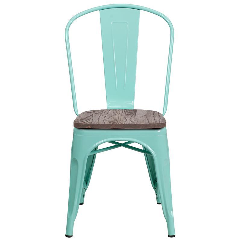 Mint Green Metal Stackable Chair with Wood Seat 3