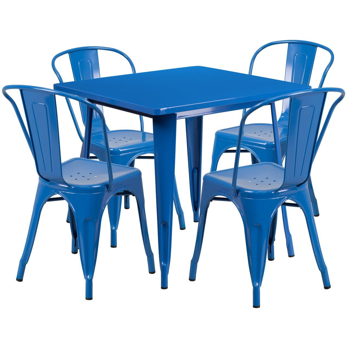 31.5'' Square Blue Metal Indoor-Outdoor Table Set with 4 Stack Chairs