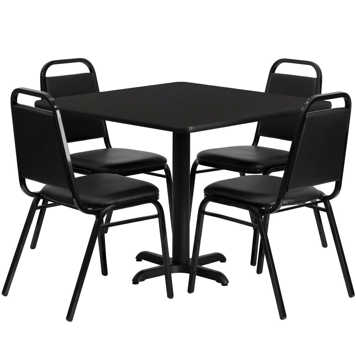 36'' Square Black Laminate Table Set with 4 Black Trapezoidal Back Banquet Chairs