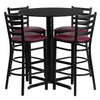 30'' Round Black Laminate Table Set with 4 Ladder Back Metal Barstools - Burgundy Vinyl Seat