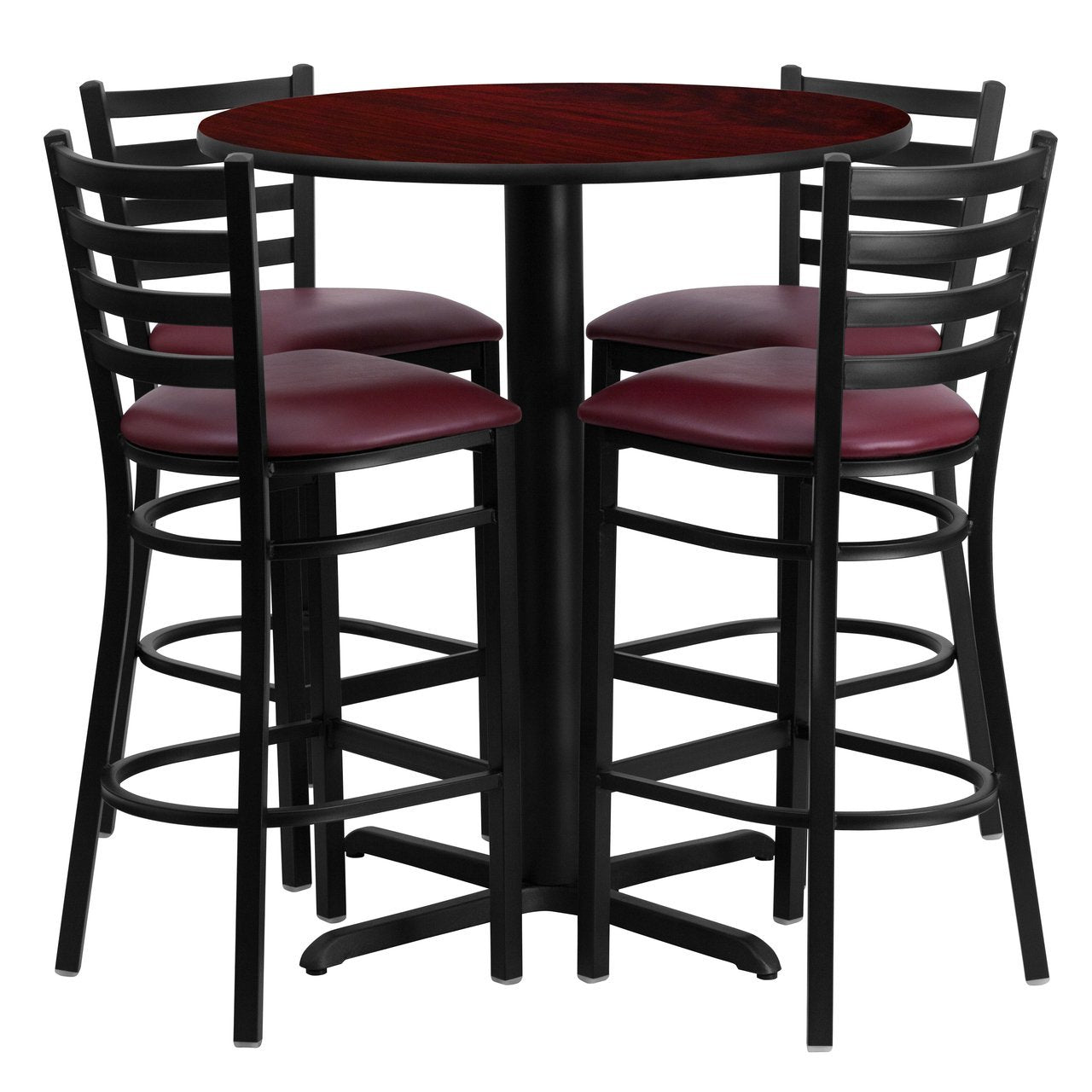 30'' Round Mahogany Laminate Table Set with 4 Ladder Back Metal Barstools - Burgundy Vinyl Seat