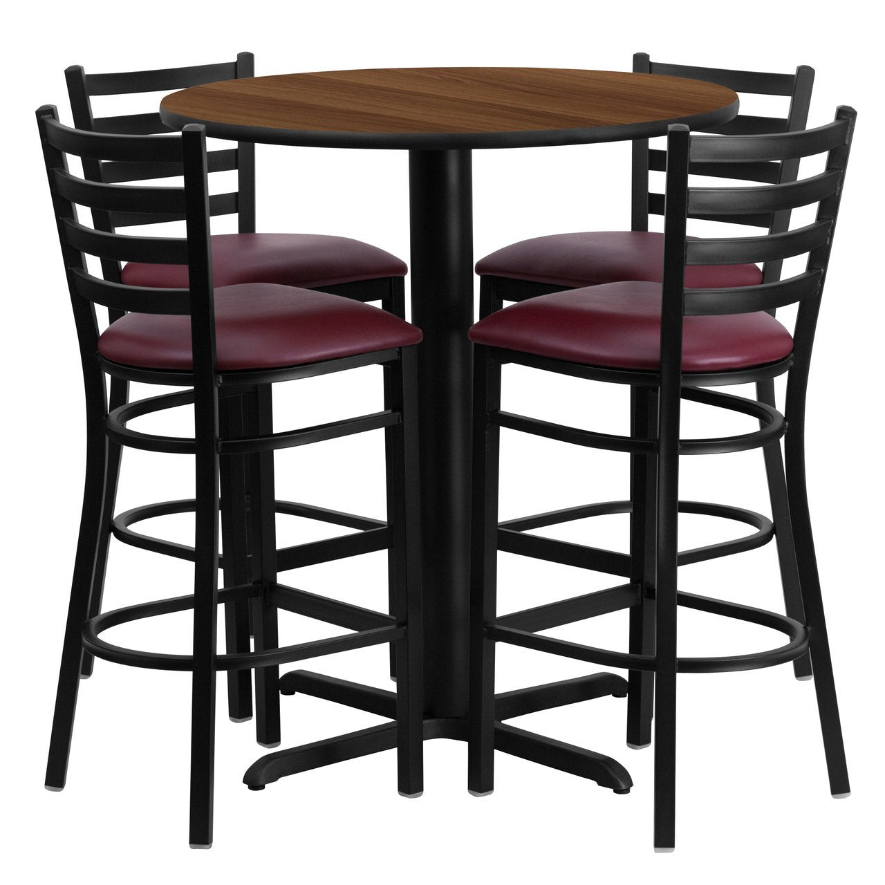 30'' Round Walnut Laminate Table Set with 4 Ladder Back Metal Barstools - Burgundy Vinyl Seat