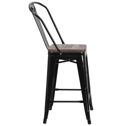 High Black Metal Counter Height Stool with Back and Wood Seat
