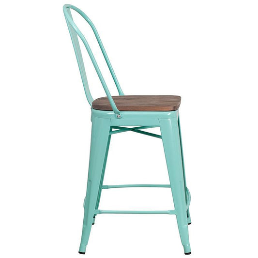 24" High Mint Green Metal Counter Height Stool with Back and Wood Seat 1