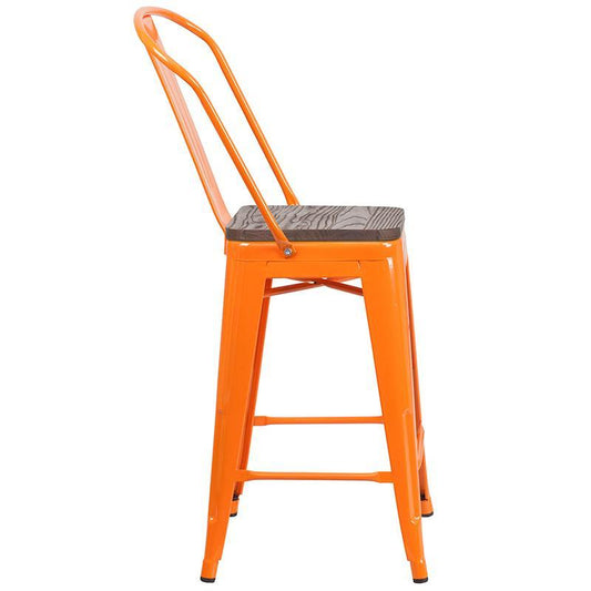 24" High Orange Metal Counter Height Stool with Back and Wood Seat