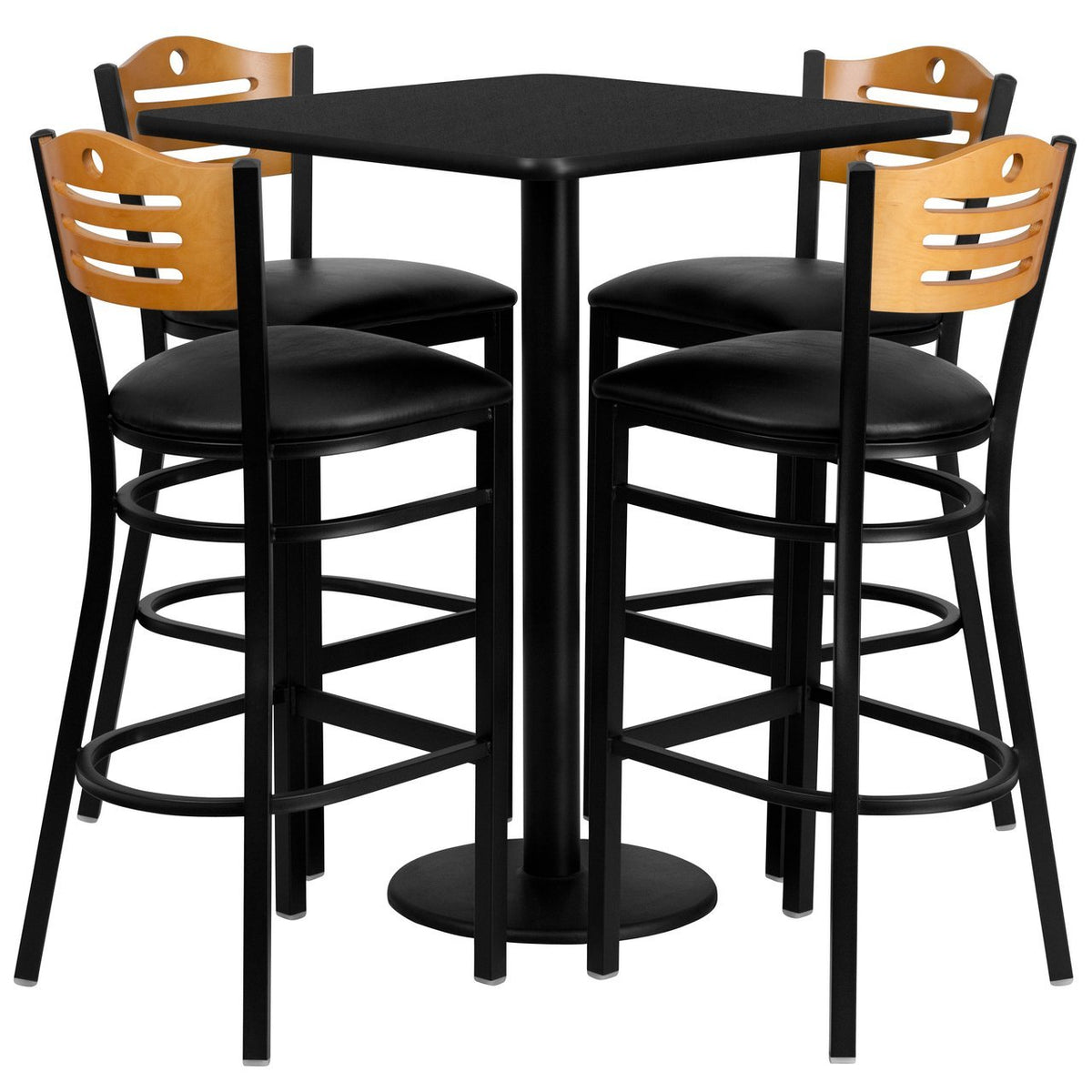 30'' Square Black Laminate Table Set with 4 Wood Slat Back Metal Barstools - Black Vinyl Seat