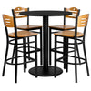 36'' Round Black Laminate Table Set with 4 Wood Slat Back Metal Barstools - Natural Wood Seat