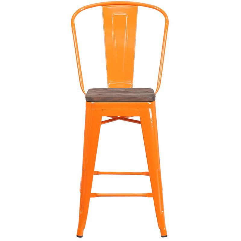 Orange Metal Counter Height Stool with Back and Wood Seat